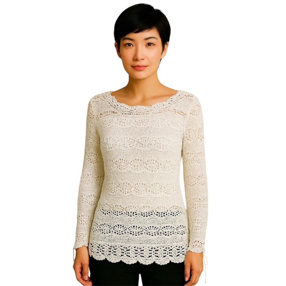 Vintage Off White Cream Open Weave Crochet Long Sleeve Lace Sweater Small